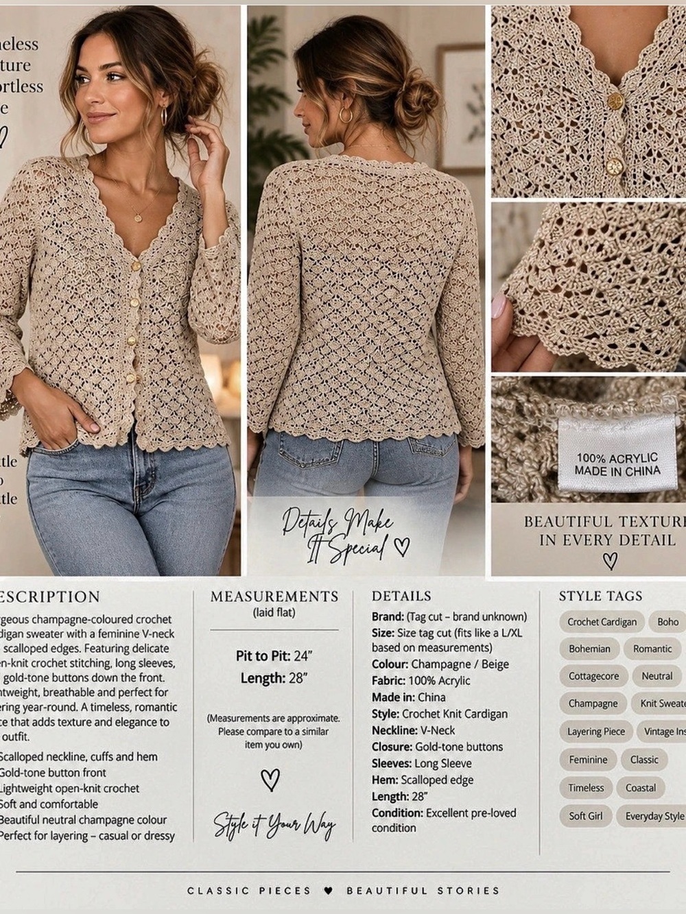 24” ptp Crochet Knit Cardigan Cream Large Like New
